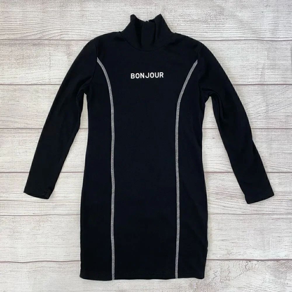 SHEIN Longsleeve turtleneck Bon jour dress black & white sz 9 girls